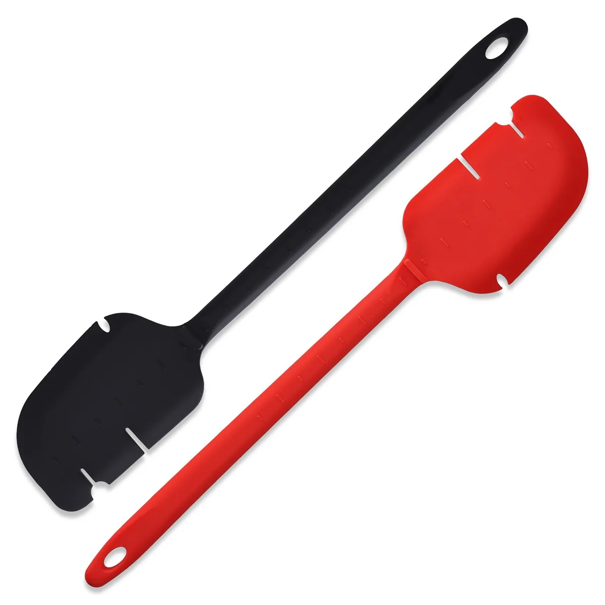 Two 12-inch silicone spatulas, red and black, with notched edges for mixer beaters