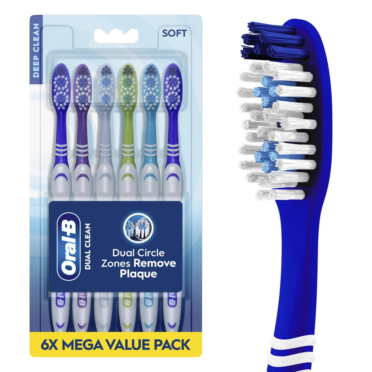 Six white Oral-B manual toothbrushes with dual-circle bristle zones and tongue cleaners