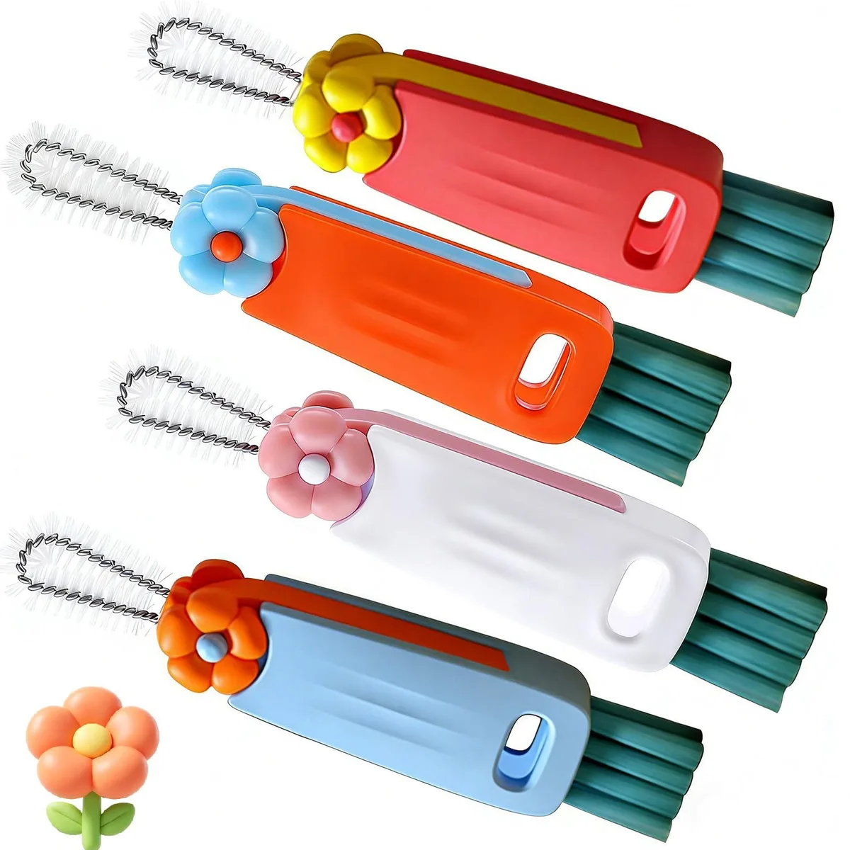 Four blue plastic brushes with flower-shaped handles, each with interchangeable heads for cup lids and narrow gaps