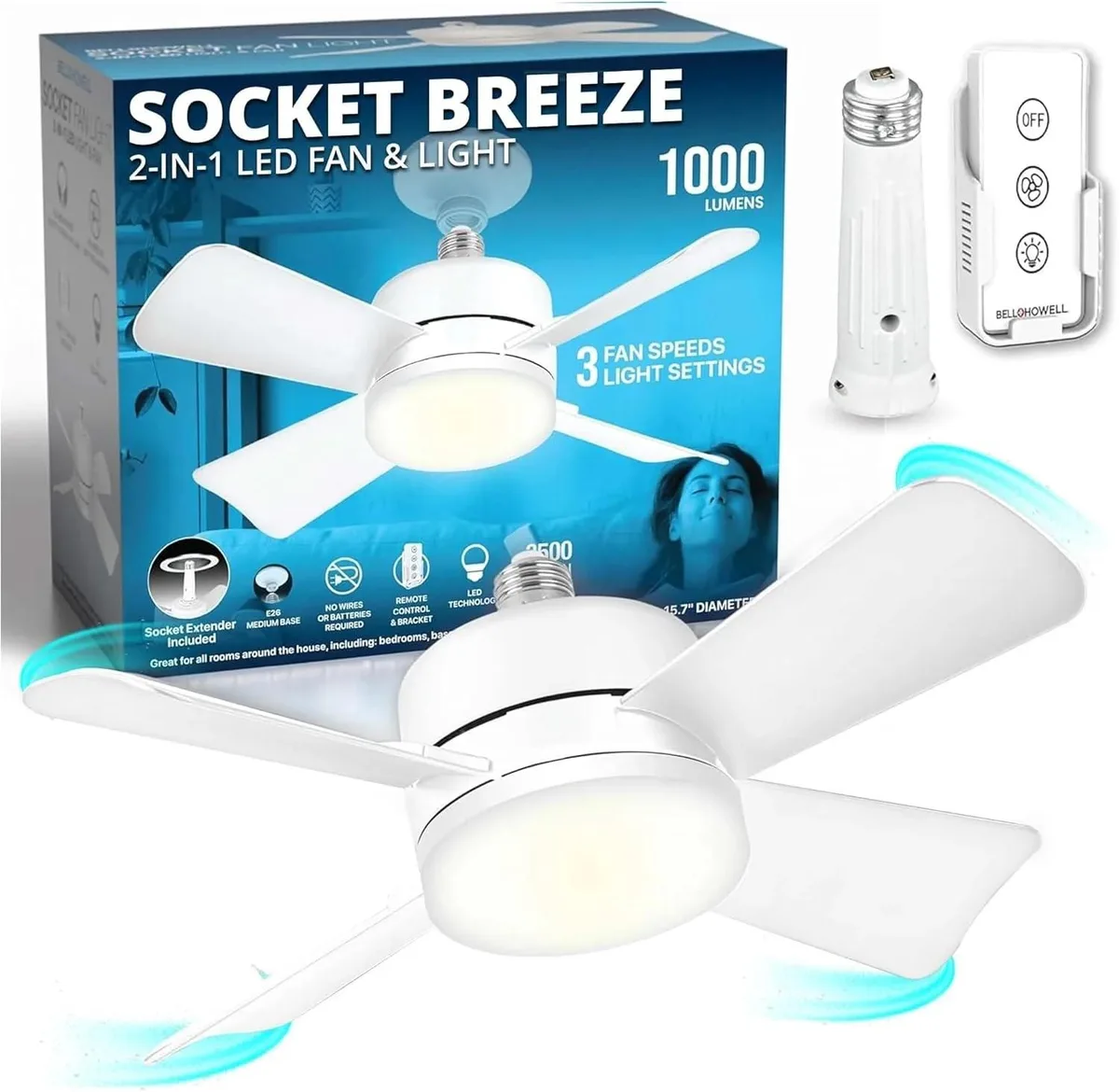 White screw-in ceiling fan with LED light and remote control