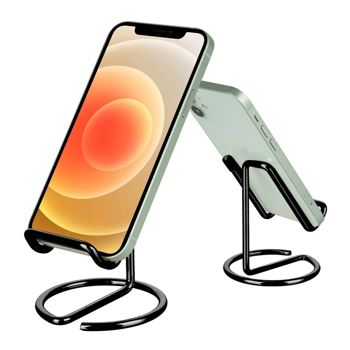 Black metal phone stand with round base and rubber sleeve, 10 cm tall