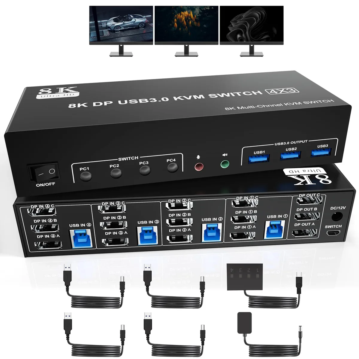 Vszerda Vszerda DP403B-USB3.0-CZY KVM Switch 3 Monitors 4 Computers 8K@60Hz DP1.4 USB 3.0 Black Manual Switch — product photo