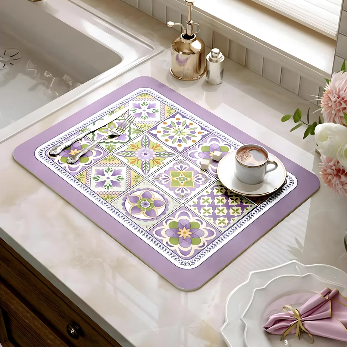 Purple checkered rectangular coffee mat 12 by 19 inches