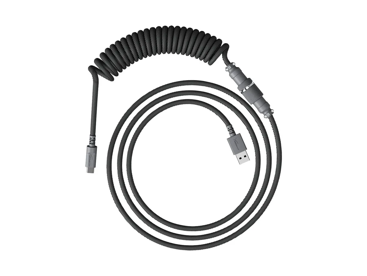 Coiled USB-C cable in gray, flexible spring form