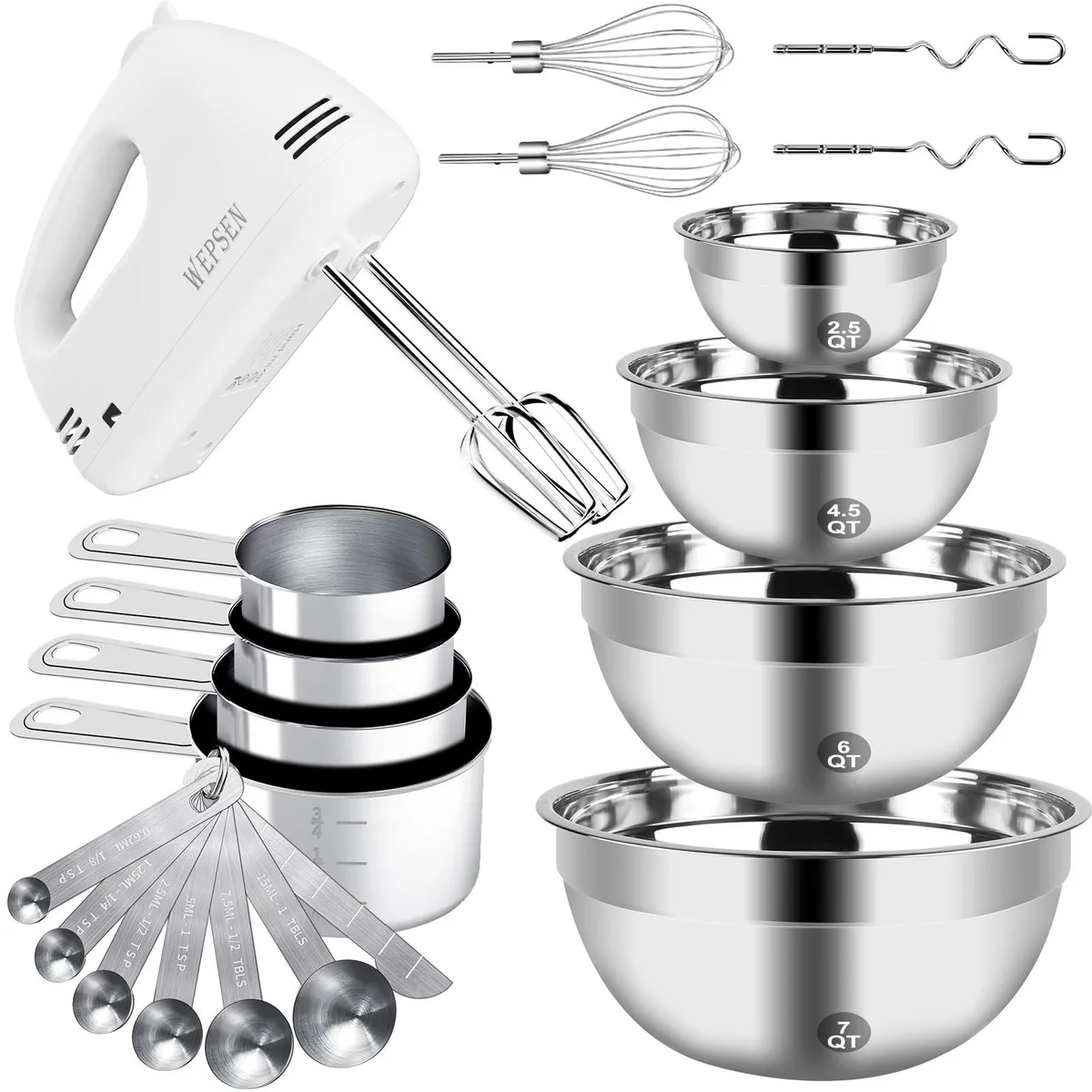  WEPSEN Hand Mixer MX200 200W 5-Speed A-White 4 Bowls Measuring Set — product photo