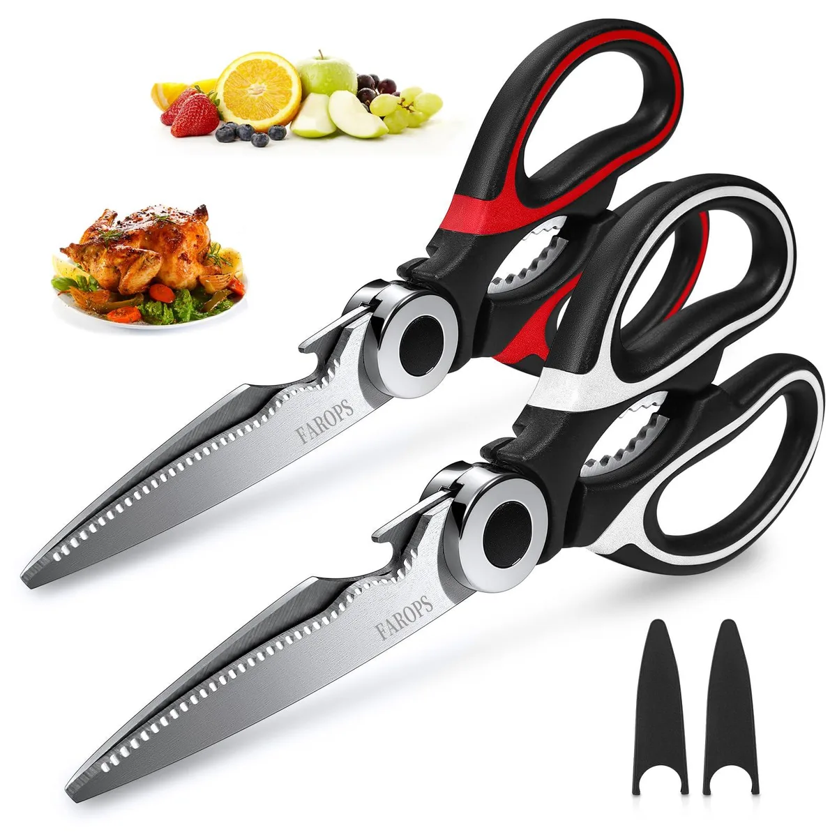 Two black kitchen scissors with red and white handles, 8.2 inches long, stainless steel blades