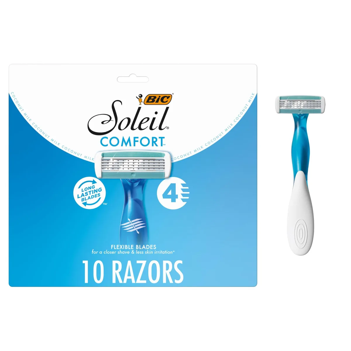 Ten blue disposable razors with pivoting heads and rubber grips