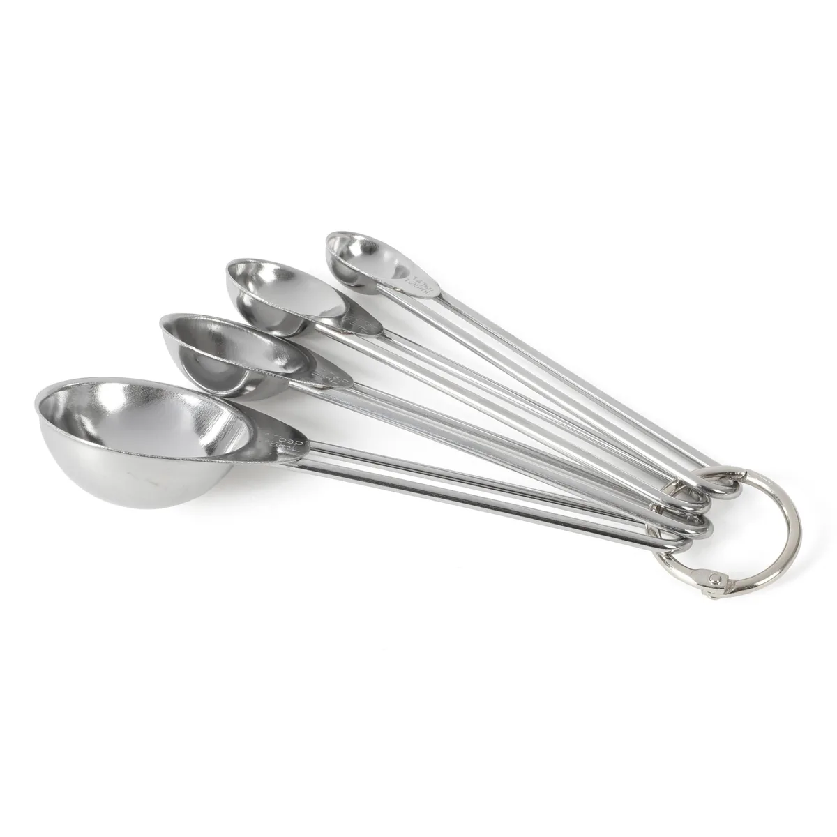 Four stainless steel measuring spoons on a ring, sizes 1/4 tsp to 1 tbsp