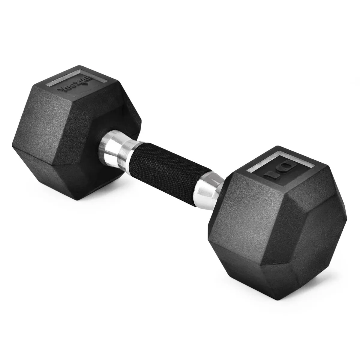 Single 10 lb hex dumbbell with black PVC-coated cast iron heads and a contoured rubber handle