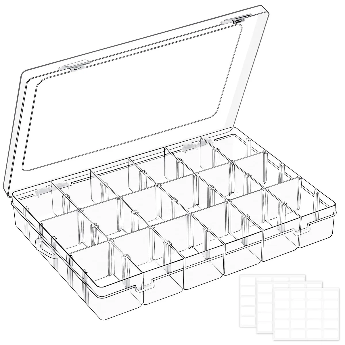 Clear plastic organizer box, 18 adjustable compartments, 60 label stickers, 10.8 x 7.6 x 1.7 inches