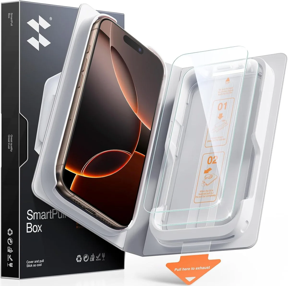 Two rectangular tempered-glass screen protectors for iPhone 16 Pro, clear glossy finish with alignment frame visible