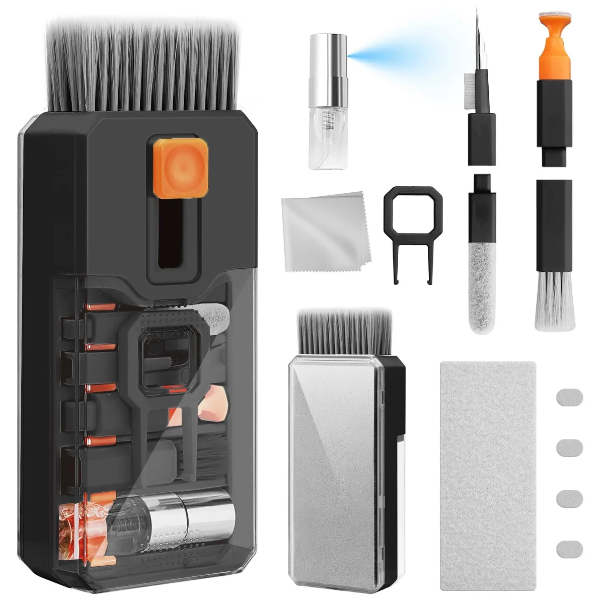 Compact black cleaning kit with retractable brush, polishing cloths, keycap puller, metal tip, flocking sponge and lens pen
