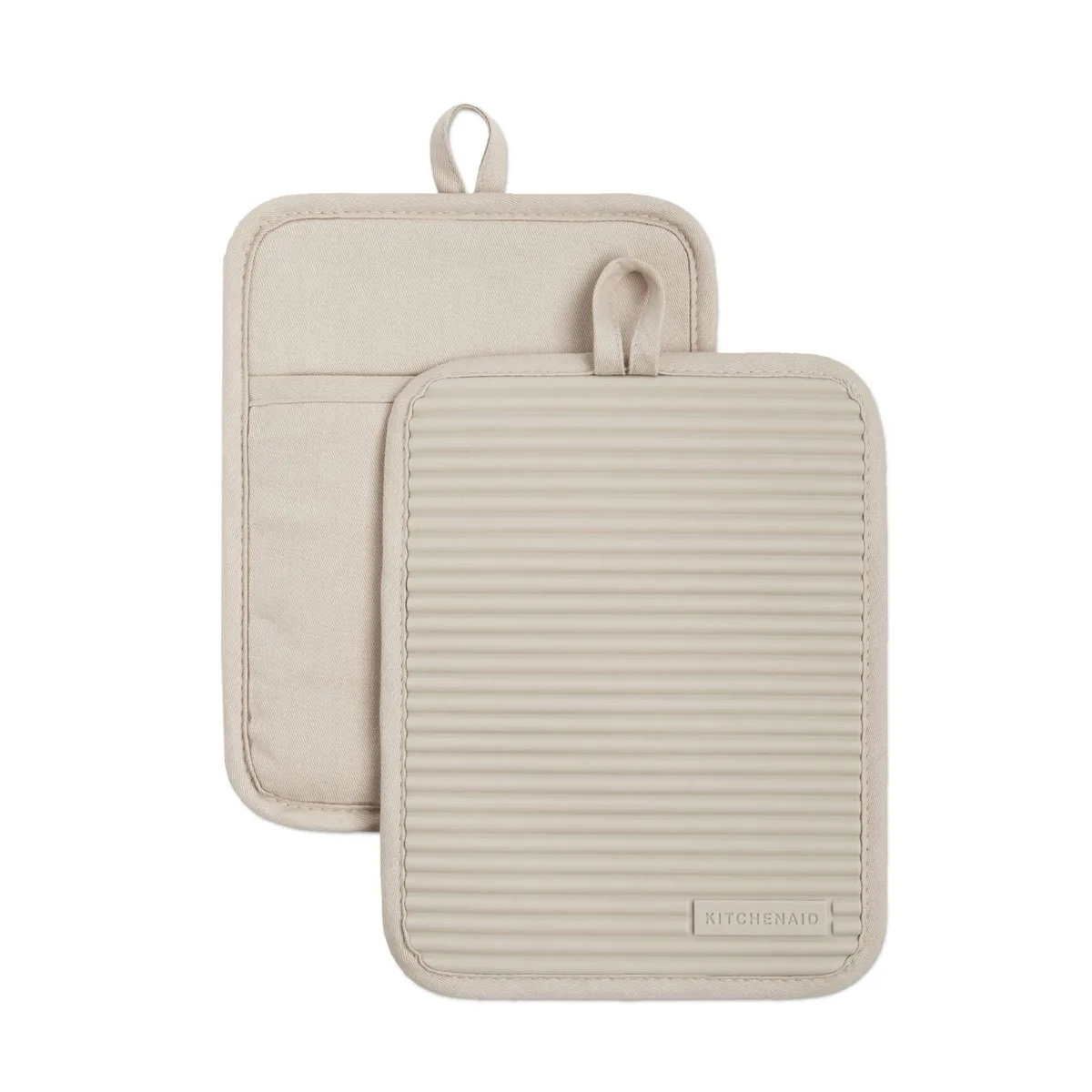 Two rectangular tan silicone pot holders with ribbed texture and cotton backing, each with a hanging loop