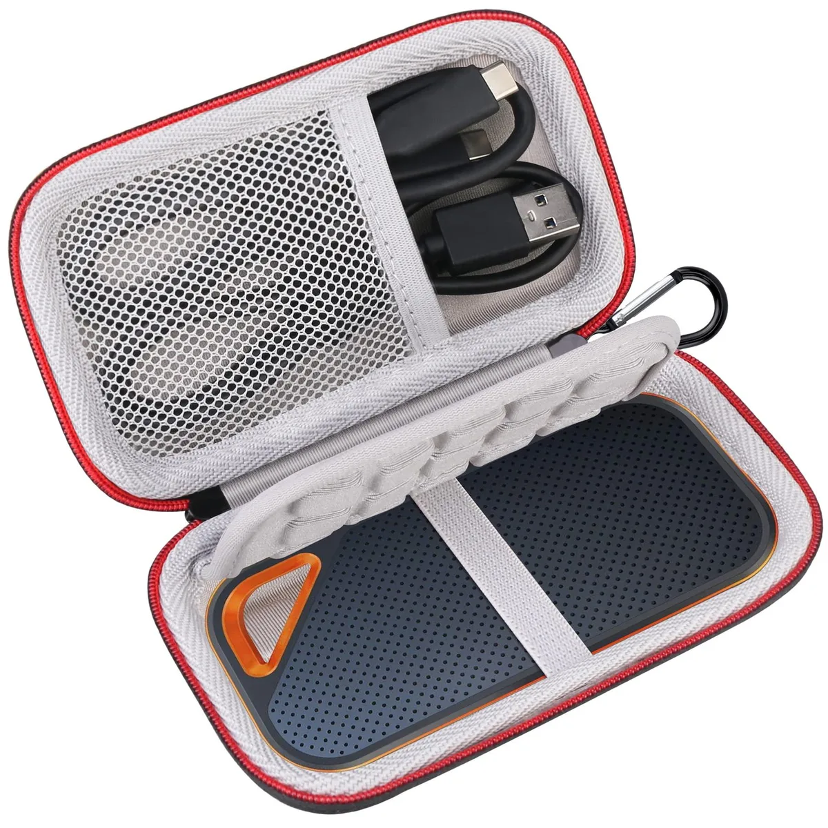 Black hard-shell EVA case with wrist strap, holds two SanDisk Extreme SSDs and accessories