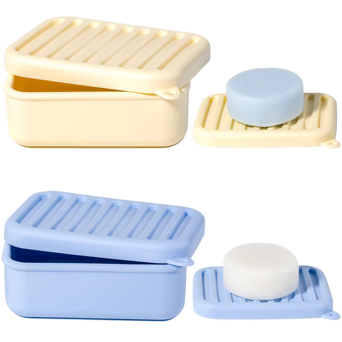 Two silicone soap cases, one blue and one yellow, each with a drainage layer inside