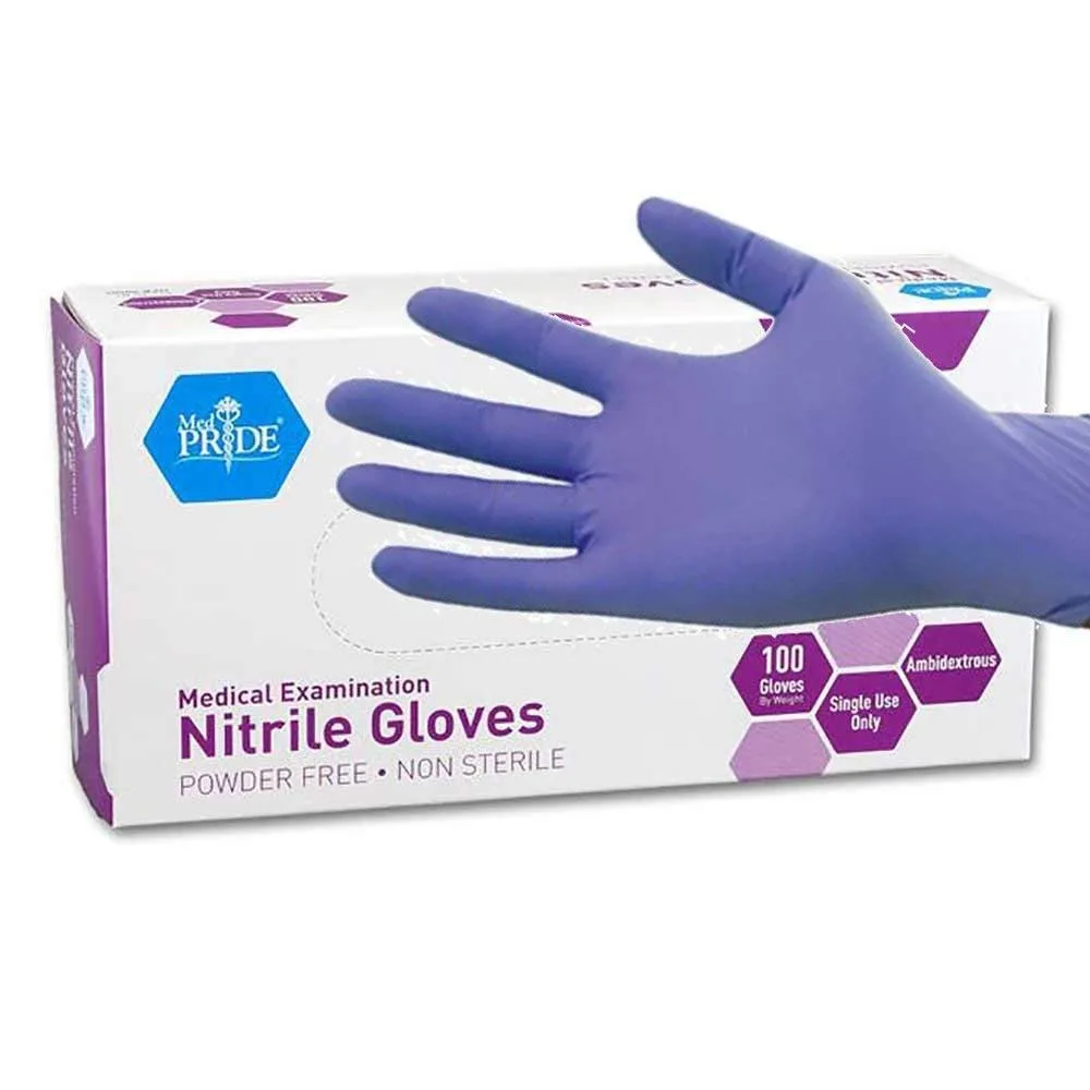 Box containing 100 ambidextrous nitrile exam gloves, iris blue, textured fingertips, beaded cuffs
