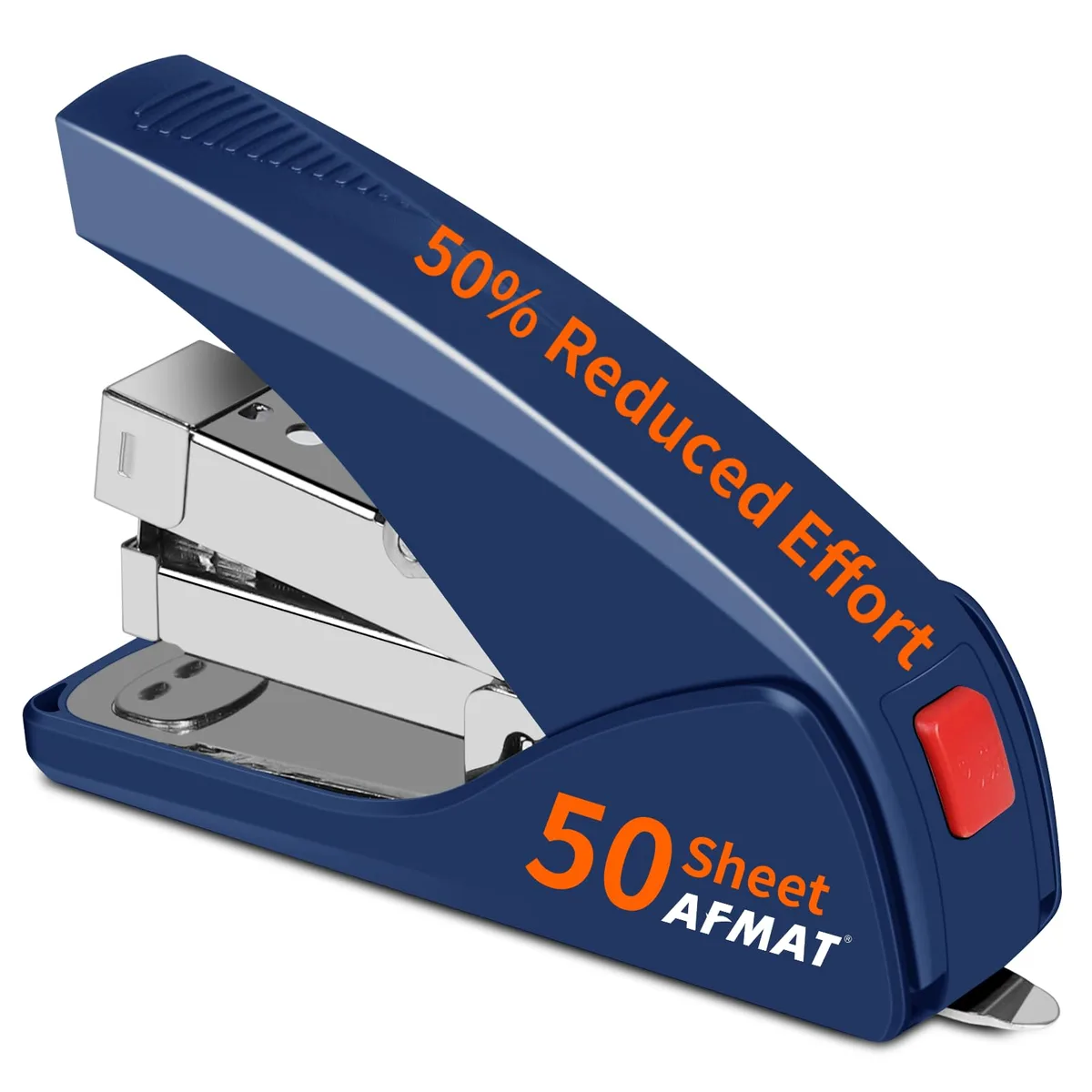 Blue compact stapler with plastic body and metal parts, 5.3 inches long