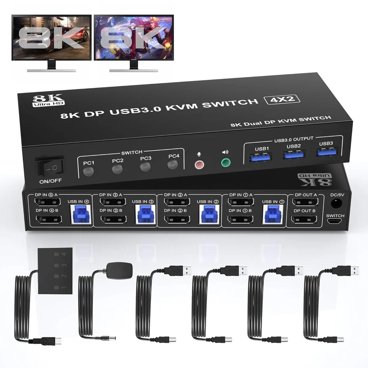 AUTYUE AUTYUE 8K@60Hz DP1.4 KVM Switch 4-Port 2-Monitor 3×USB 3.0 Audio — product photo