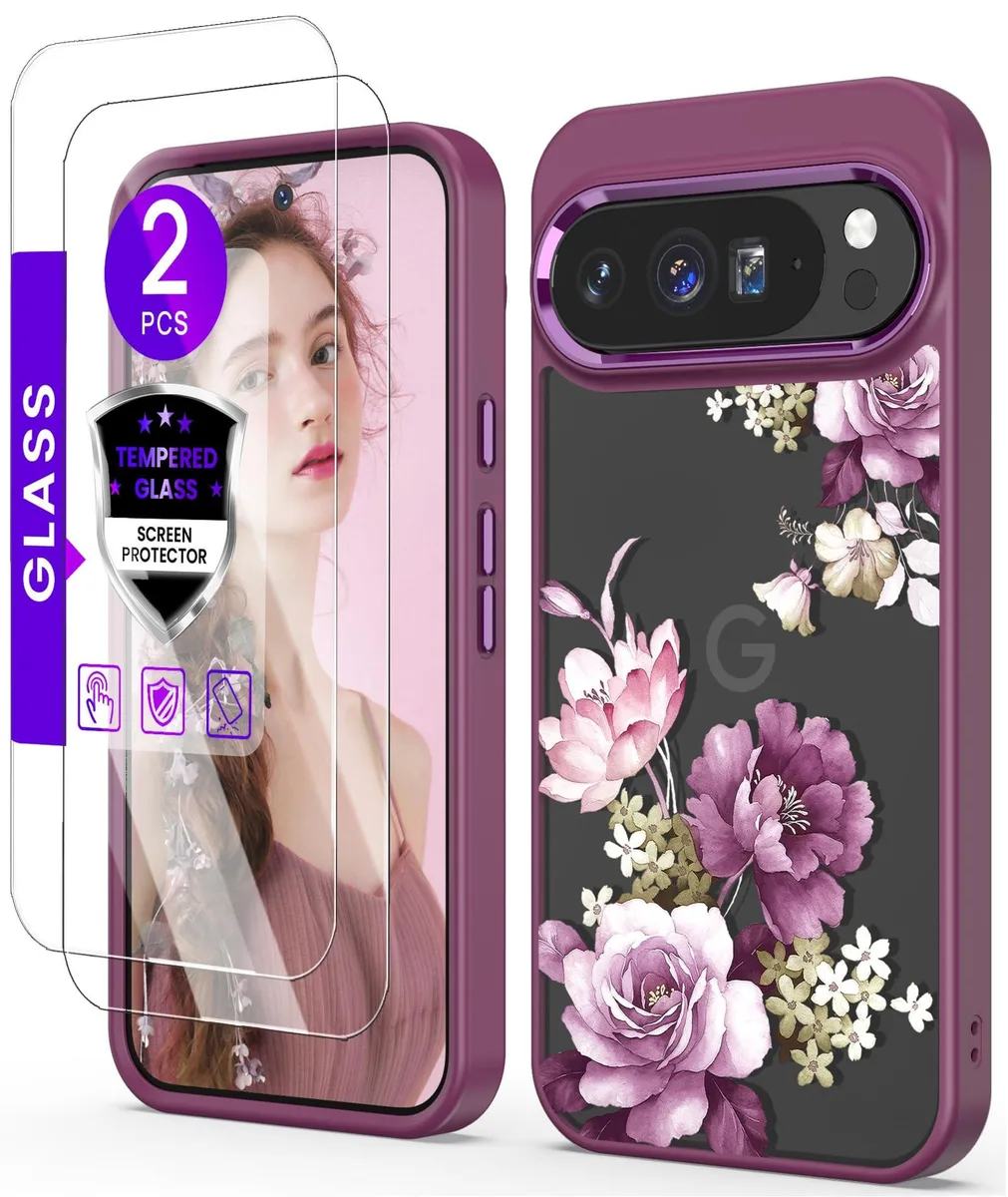 Purple floral-patterned clear phone case for Google Pixel 10 Pro XL