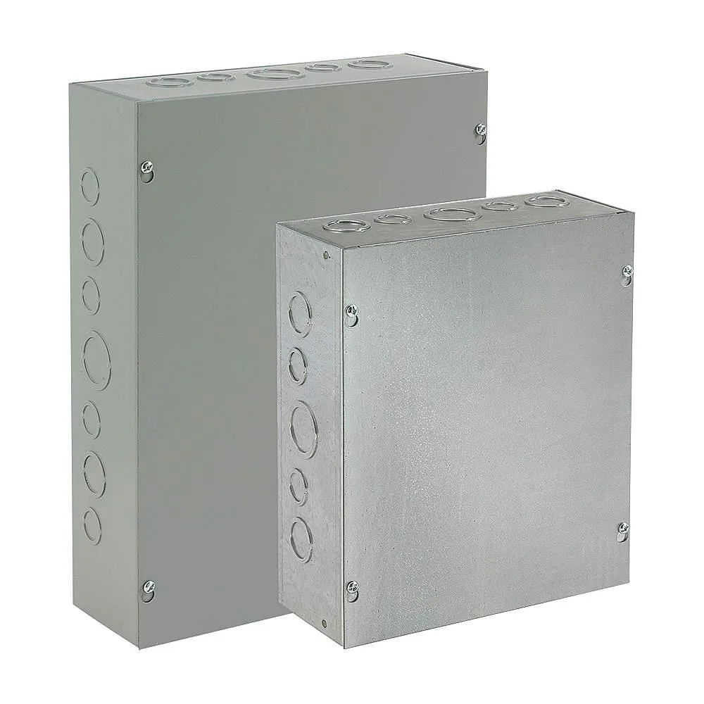 Gray powder-coated steel electrical enclosure, six by six by four inches, screw-on solid cover with captive screws, wall-mount tabs