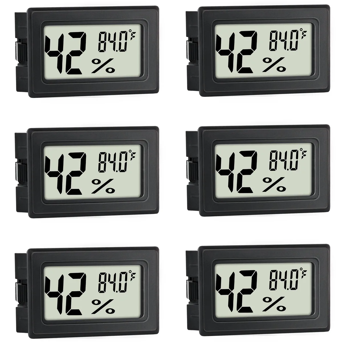 Six tiny square hygrometer thermometers with LCD screens and light plastic bodies