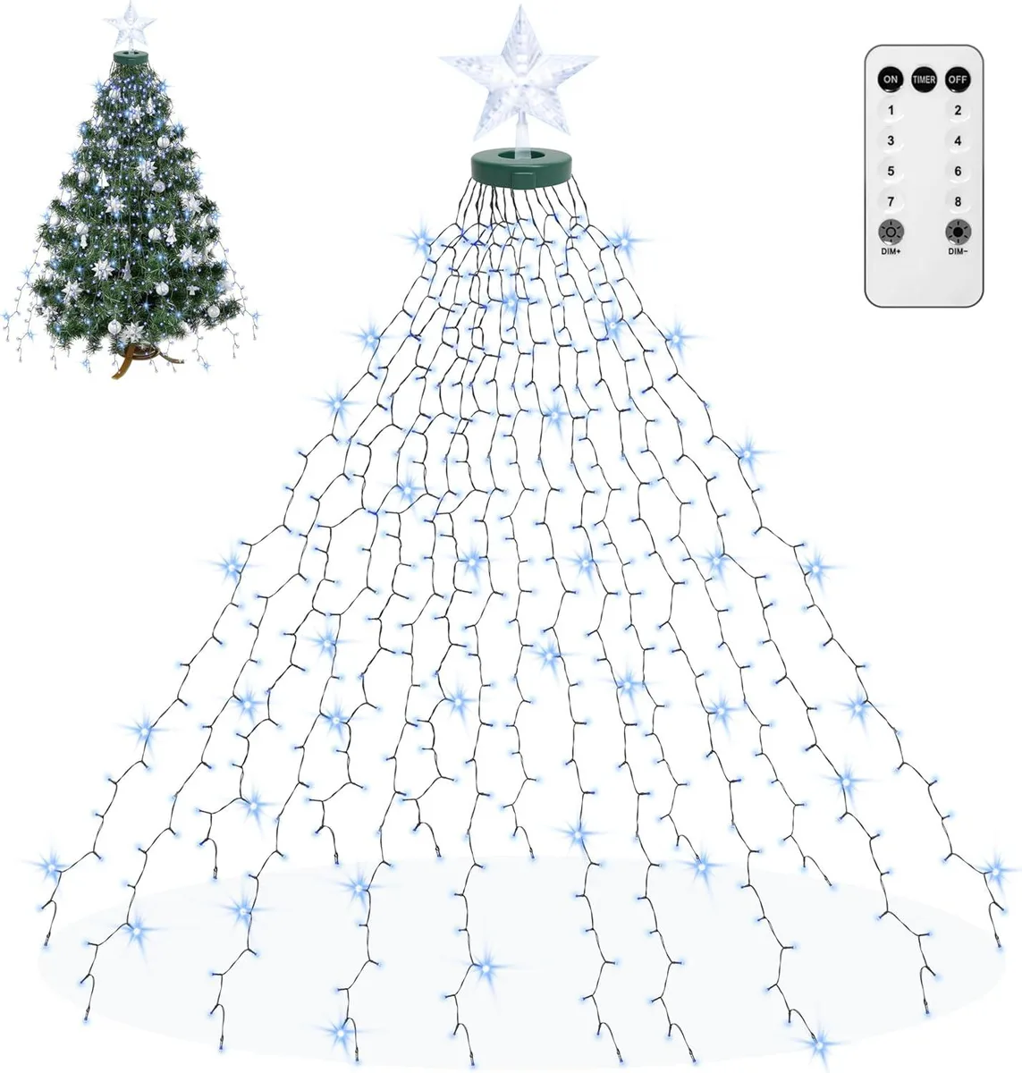 Sixteen cold-white LED strings with a star topper hanging from a mounting ring