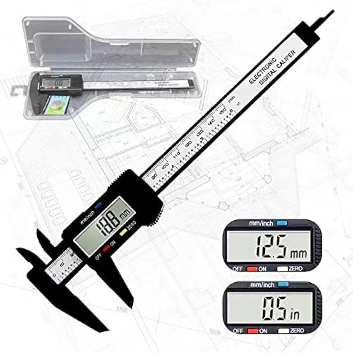 White plastic digital caliper with LCD display, 0-150mm range, ±0.1mm accuracy, inch/mm conversion, four measurement modes