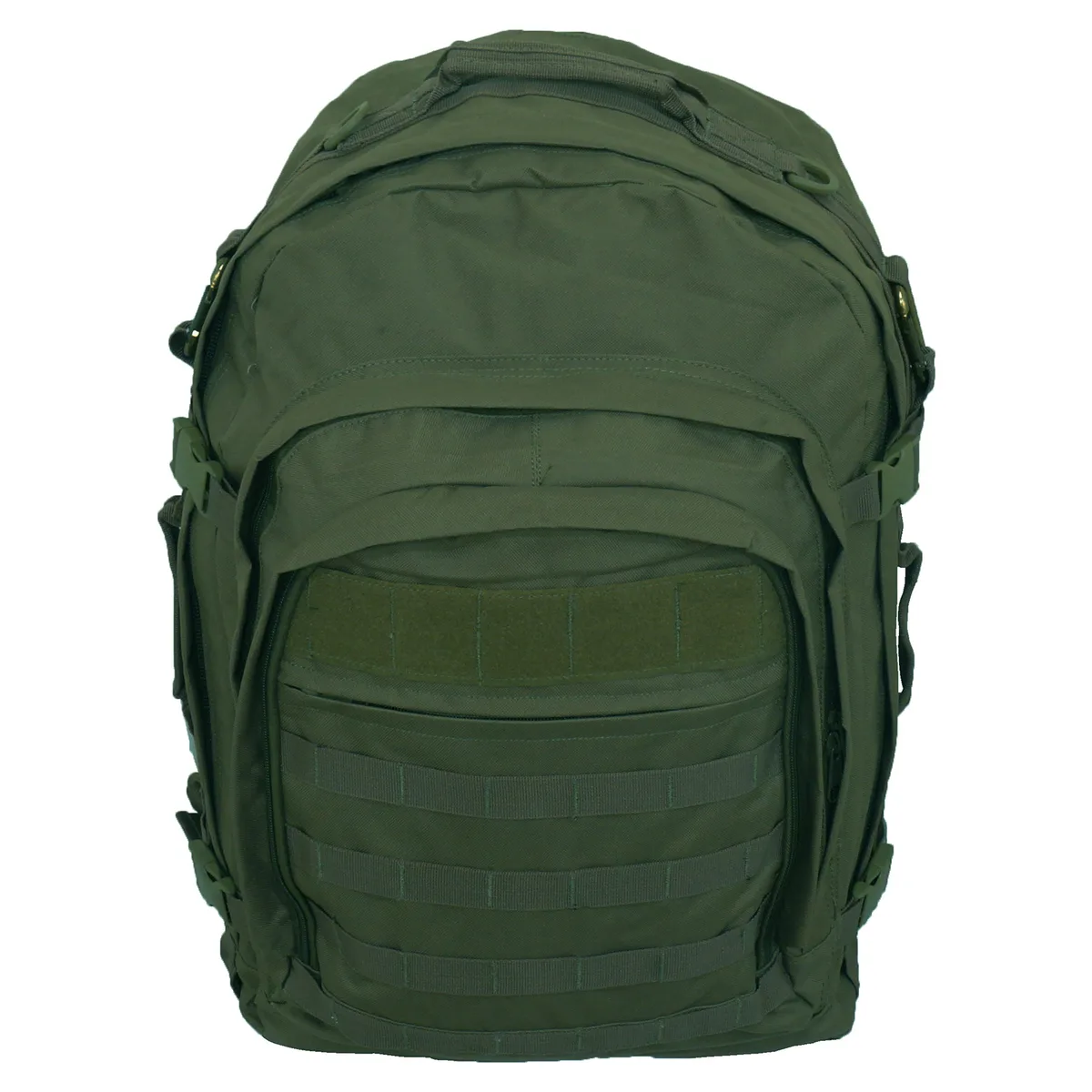 Green tactical backpack with MOLLE webbing and grab handles