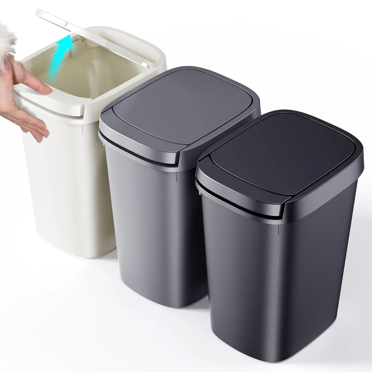 Three slim white rectangular plastic bins with press-top lids
