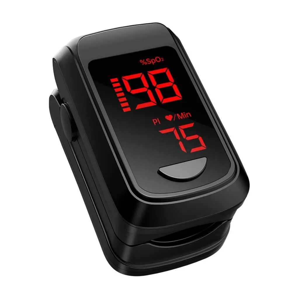 Small fingertip pulse oximeter with OLED screen and lanyard