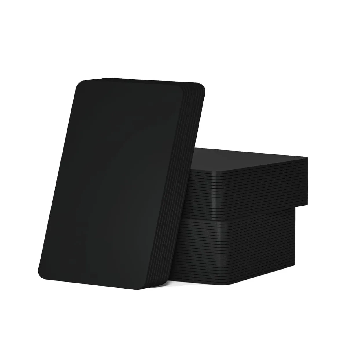 Ten black rectangular NFC cards with polished finish