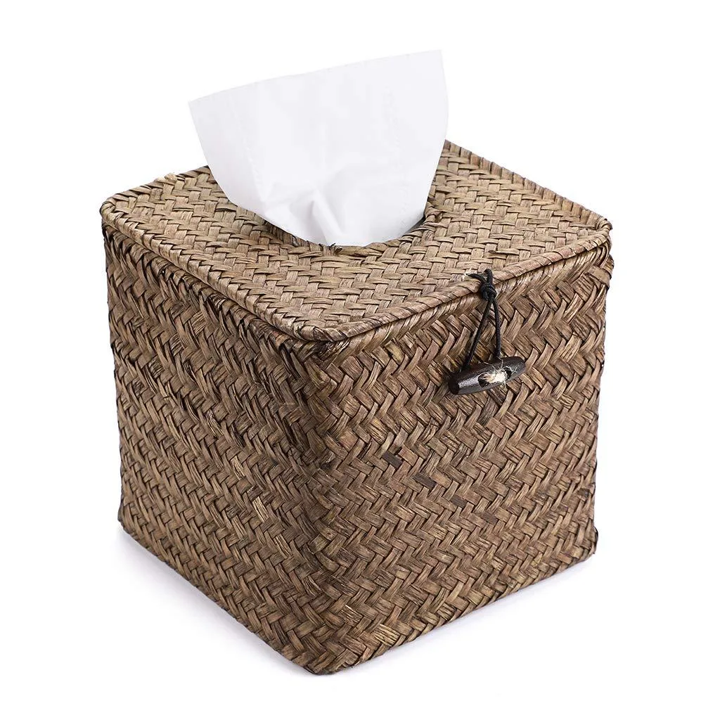 Square seagrass tissue box cover with lid, coffee colour