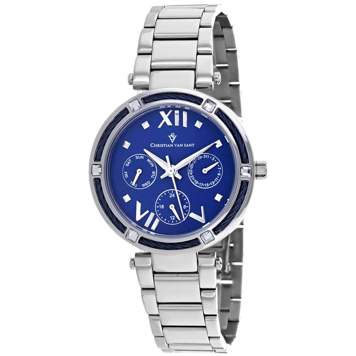 Christian Van Sant watch with blue dial and stainless steel bracelet