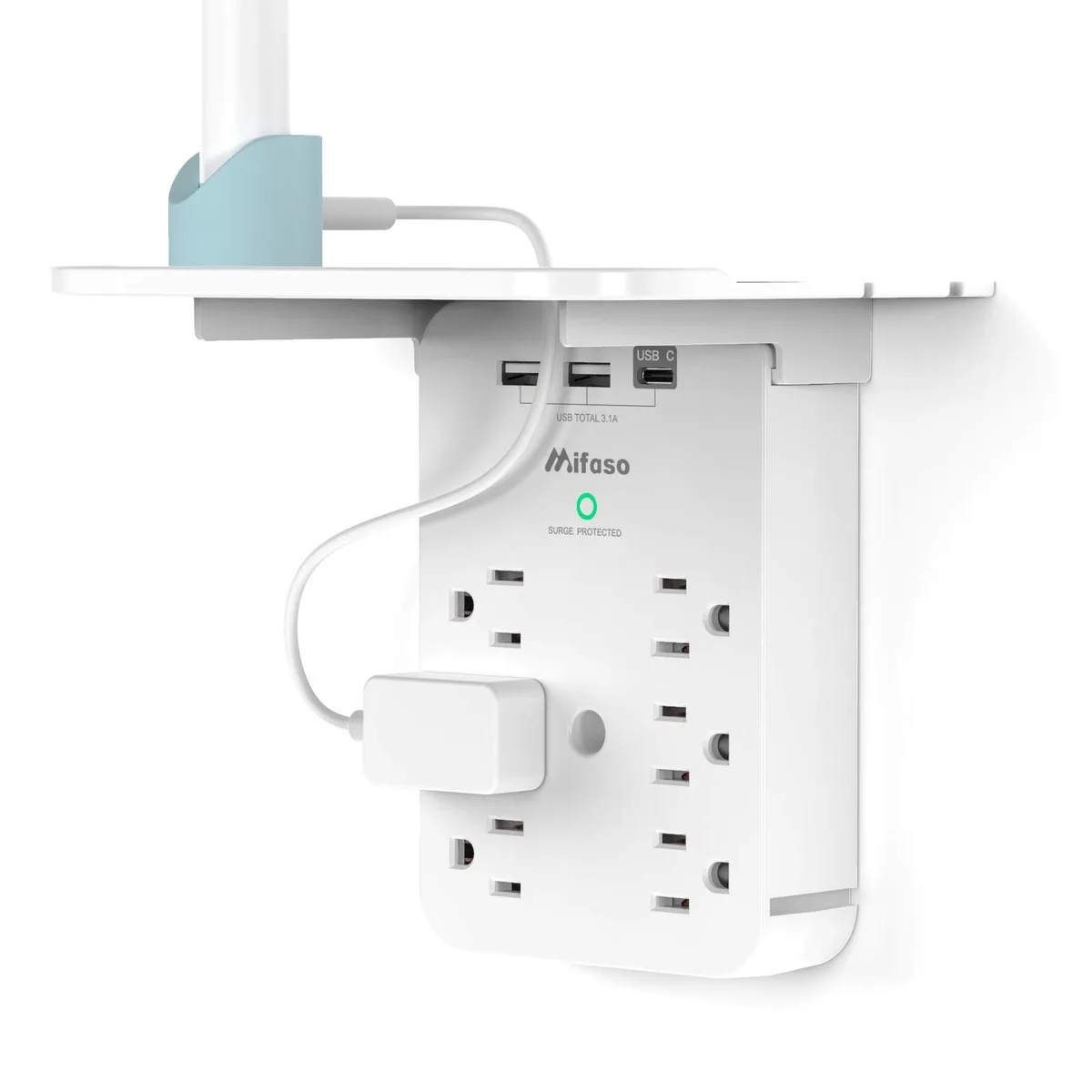  Wall Outlet Extender 6 AC 2 USB-A USB-C 490J Surge Shelf 15A 125V 1875W — product photo