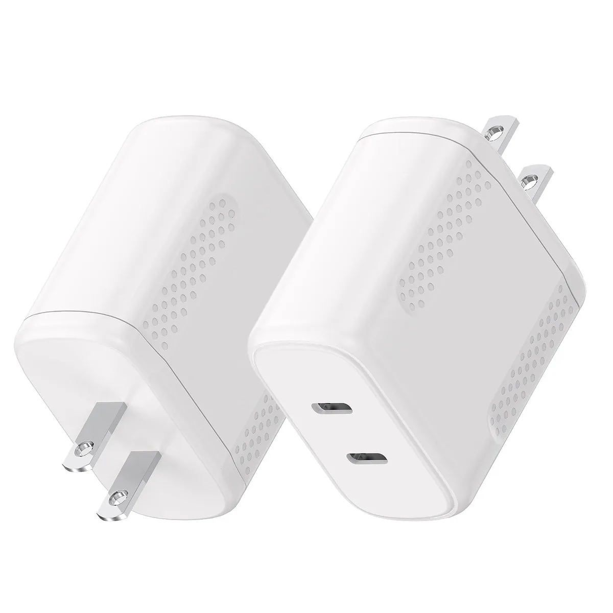 Two blue rectangular USB-C wall chargers with dual ports
