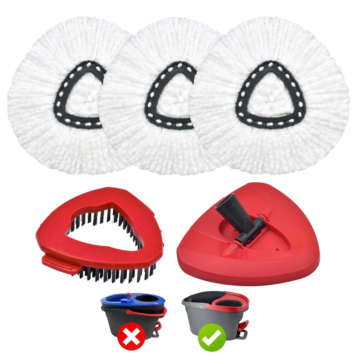 Three white microfibre mop heads, a grey scrub brush and a flat plastic base on a light background