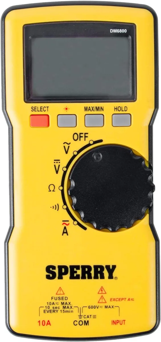 Yellow digital multimeter, thin rectangular body, soft case and test leads included