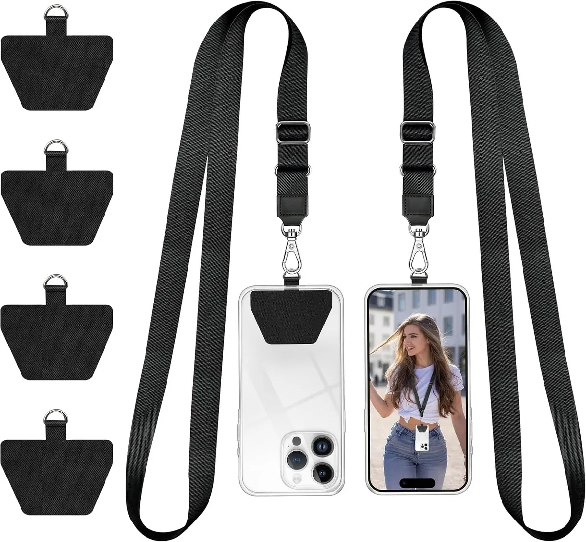 Two black adjustable nylon neck lanyards with thin phone anchor tabs