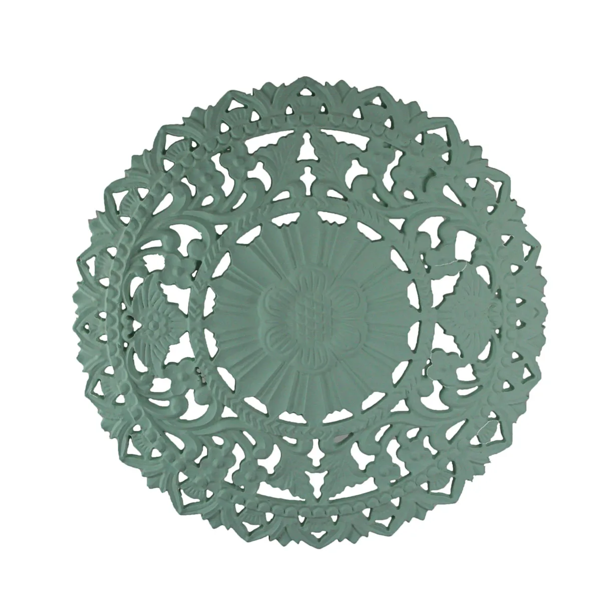 Square mint-green floral filigree wall sculpture, 23.75 inches wide and deep .5 inches