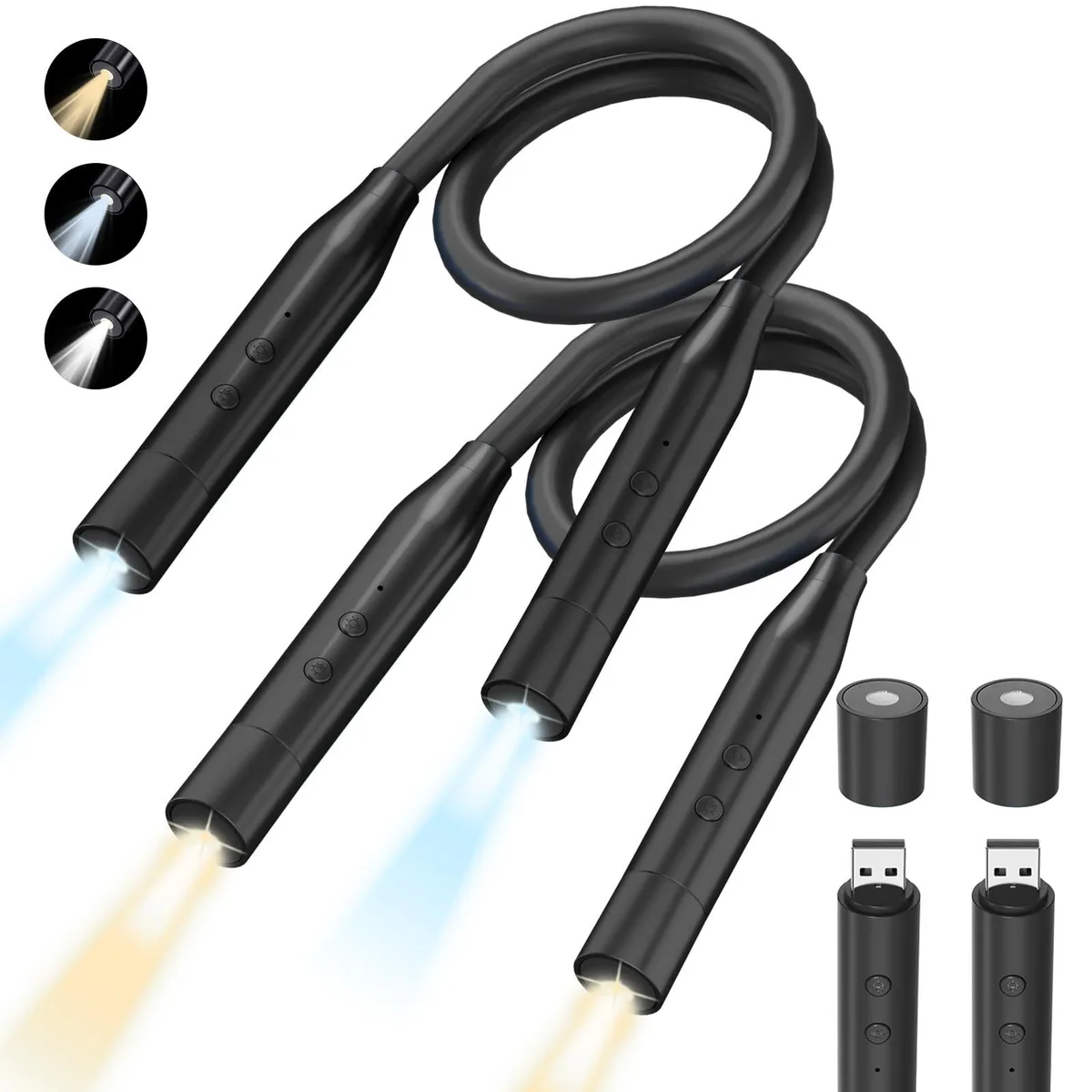 Two black LED book lights with flexible 380° necks and dual-head USB charging