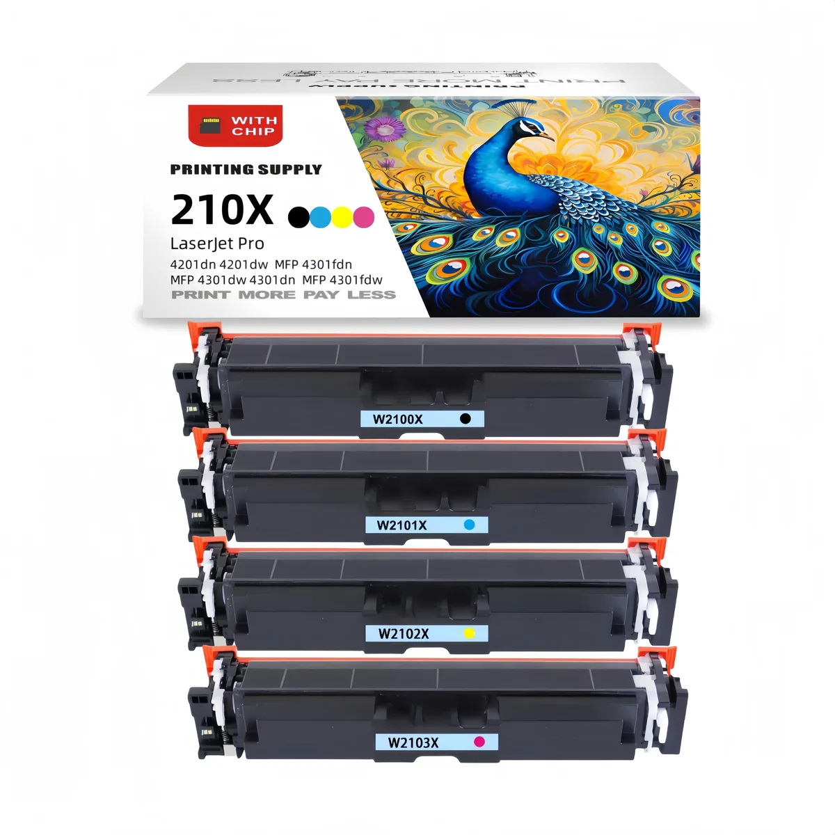 Four new toner cartridges in black cyan magenta yellow high yield pack