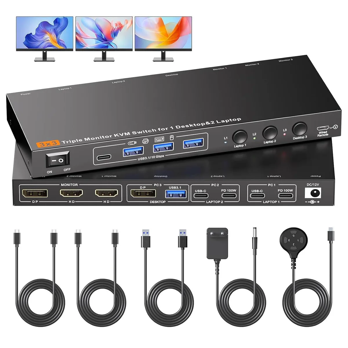 AUTYUE AUTYUE 303DH USB-C DP KVM Switch 3 Computers 3 Monitors 4K@60Hz MST — product photo