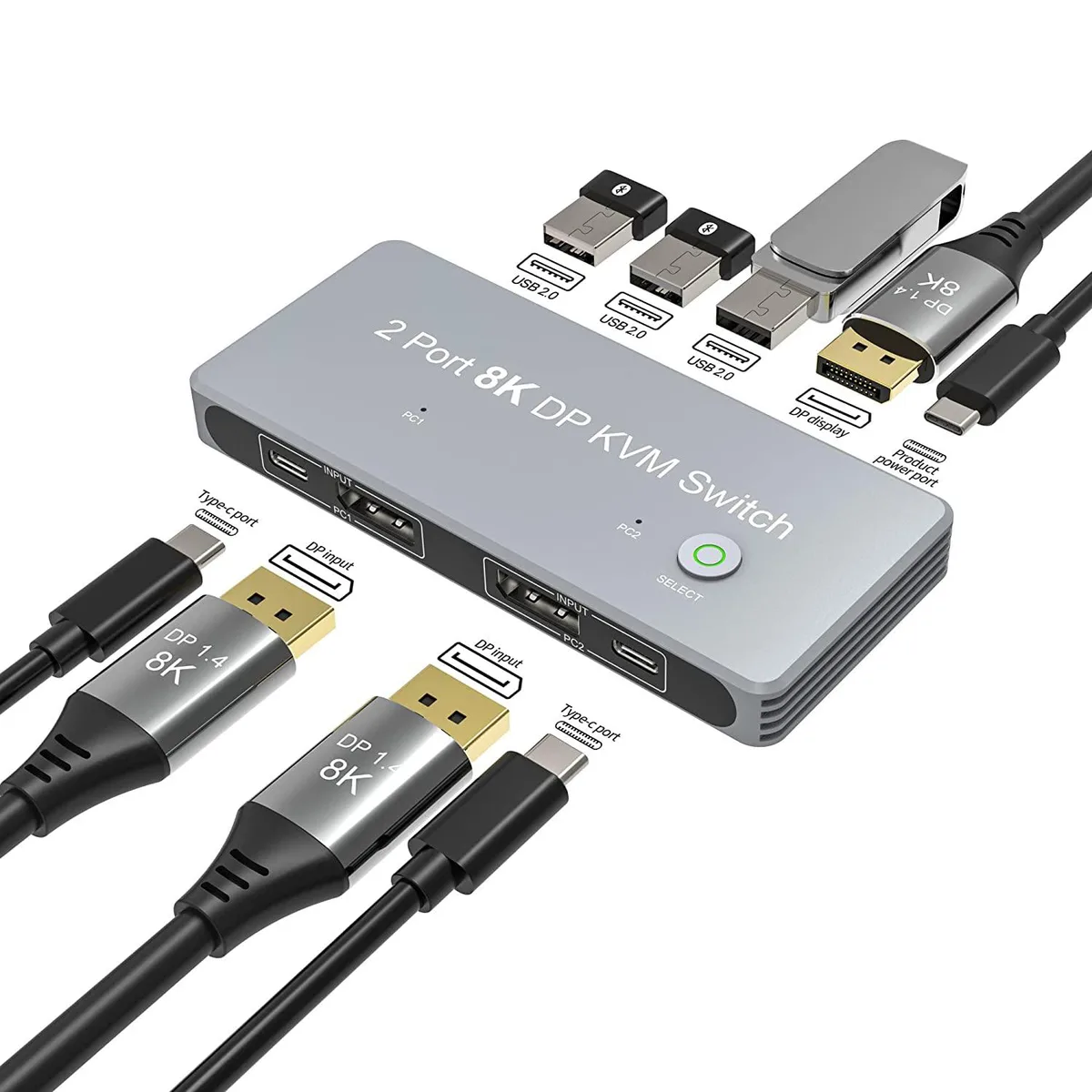 FOCUSTEC FOCUSTEC 2 Port DisplayPort 1.4 8K KVM Switch 8K@60Hz 4K@144Hz 3x USB 2.0 — product photo