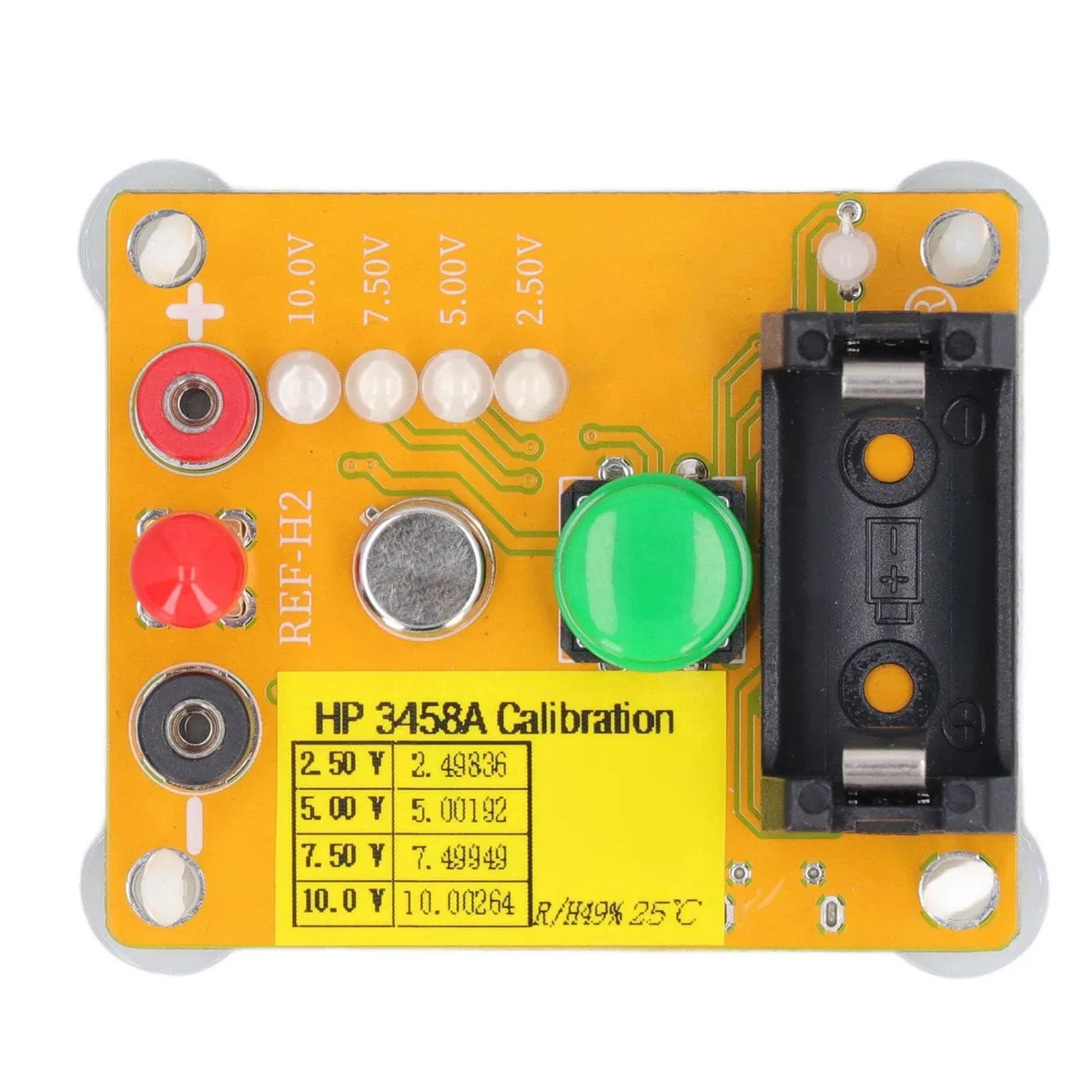 Small green circuit board with four voltage output pins, Micro USB port, and four indicator LEDs