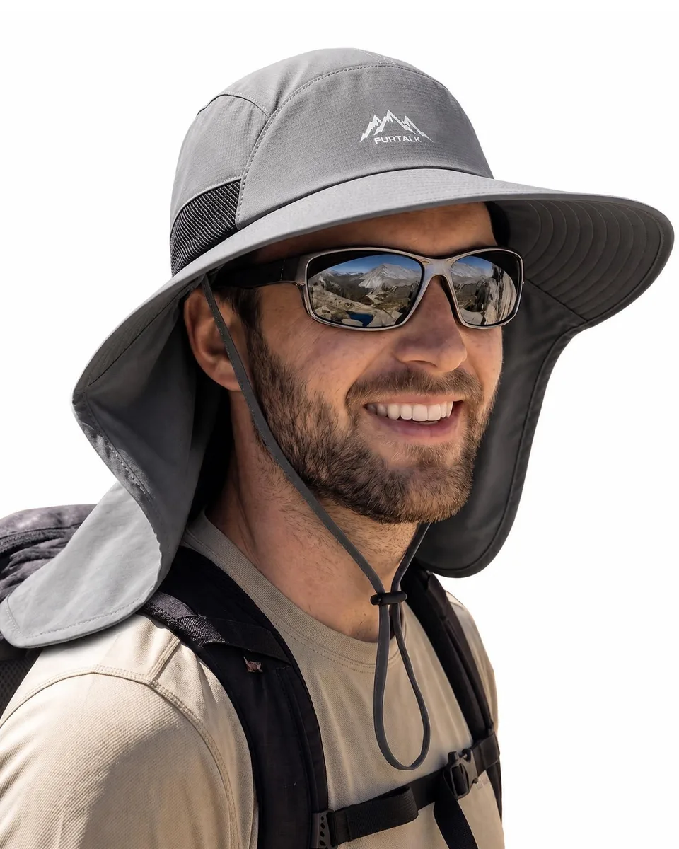 Sun Hat with Neck Flap Chin Strap UPF 80+ Wide Brim Dark Grey — product photo