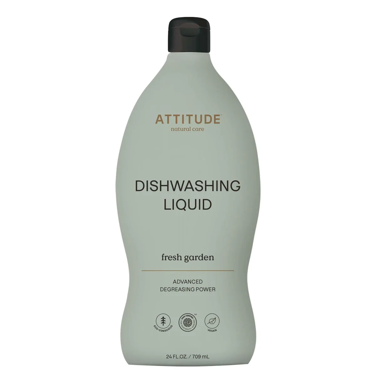 Clear plastic bottle with green cap and label, 24 Fl Oz dish soap