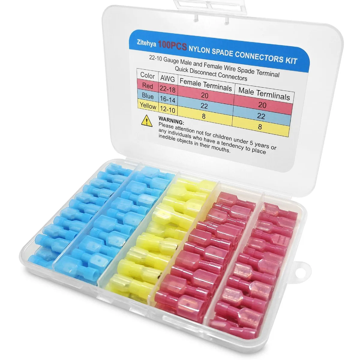 Blue nylon insulated spade connectors in a 100 piece kit