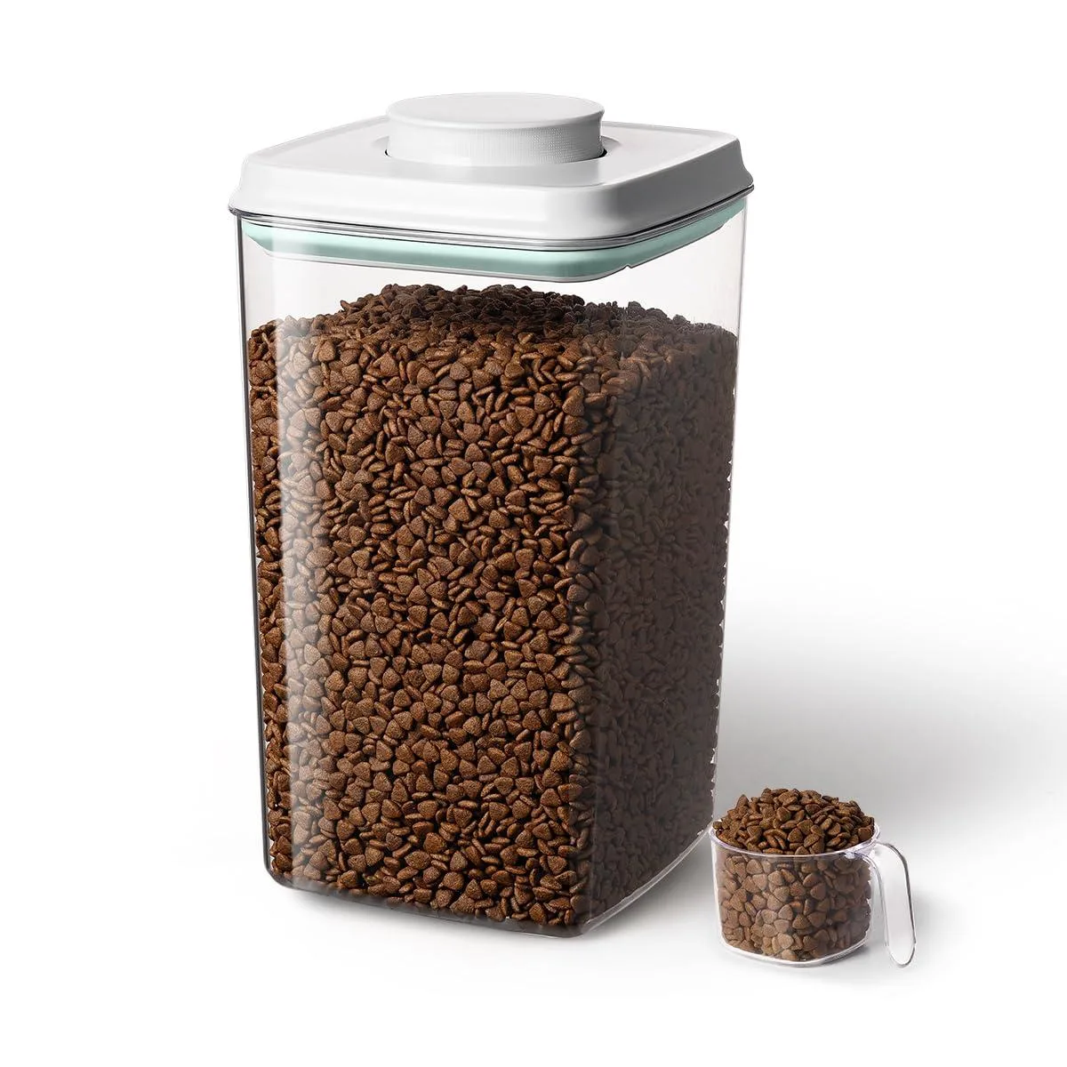 Red square plastic container with pop lid and scoop