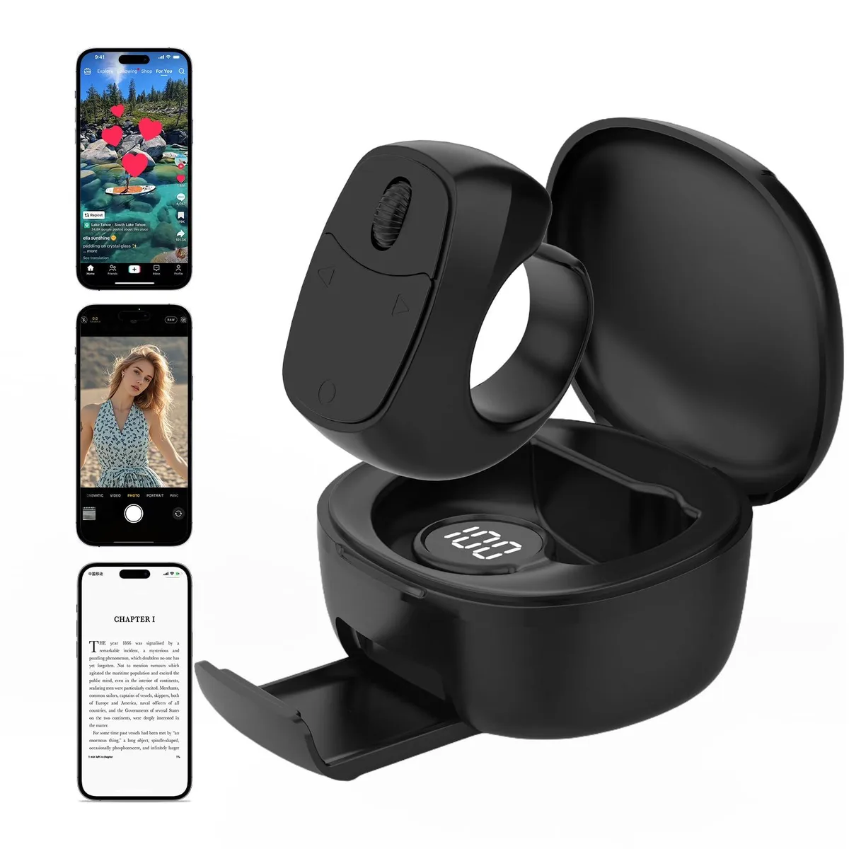  Bluetooth Scrolling Ring Remote with Charging Case (Black) — product photo
