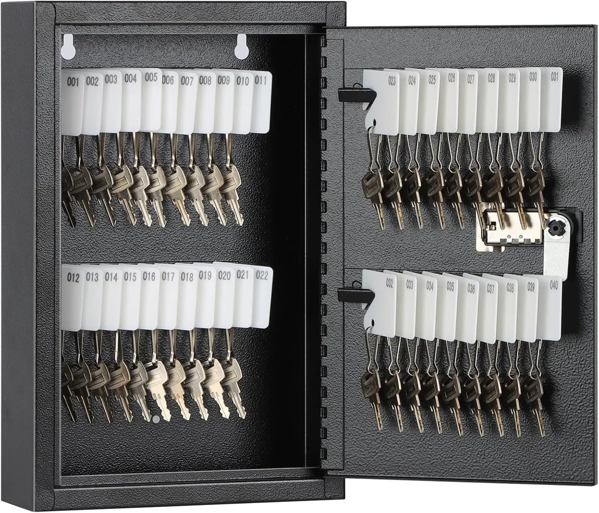 Black steel wall-mounted key cabinet with 40 hooks and combination lock